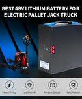 48V 10Ah LiFePO4 Battery Pack with Built In Smart BMS for electric pallet jacks next to pallet truck on display