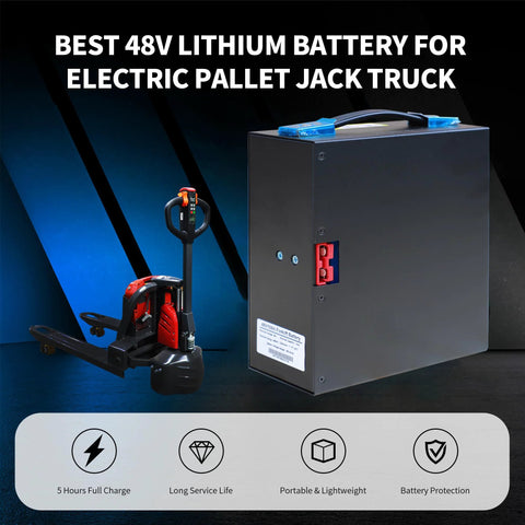 48V 10Ah LiFePO4 Battery Pack with Built In Smart BMS for electric pallet jacks next to pallet truck on display