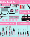 269 Piece All-In-One Home Tool Set With Storage Bag For DIY Projects And Everyday Home Maintenance Pink Includes Hammer Level Tape Measure Pliers Screwdrivers CR-V Bits Wrenches Scissors Utility Knife Hex Keys And Hardware displayed.