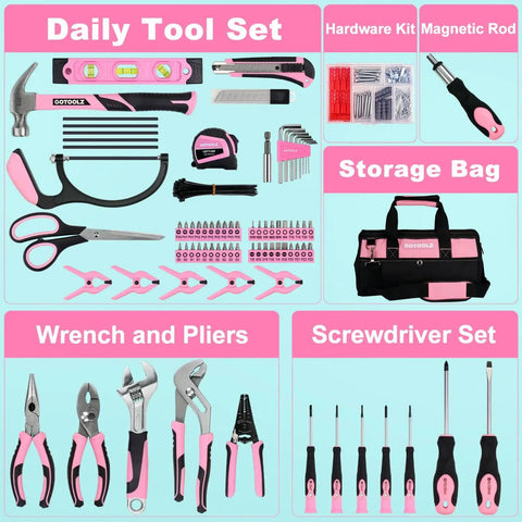 269 Piece All-In-One Home Tool Set With Storage Bag For DIY Projects And Everyday Home Maintenance Pink Includes Hammer Level Tape Measure Pliers Screwdrivers CR-V Bits Wrenches Scissors Utility Knife Hex Keys And Hardware displayed.
