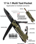 17 In 1 Pocket Knife With Screwdriver Fire Starter Bottle Opener Saw And Whistle Nylon Sheath EDC Gear, labeled features image.