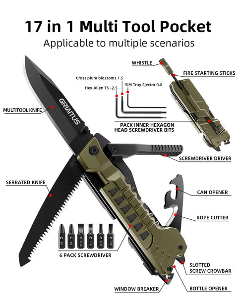 17 In 1 Pocket Knife With Screwdriver Fire Starter Bottle Opener Saw And Whistle Nylon Sheath EDC Gear, labeled features image.