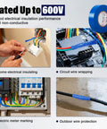 Pro Grade Blue Electrical Tape Waterproof For Insulation And Color Coding Ideal For Home And Industrial Electrical Repairs Up To Six Hundred Volts Three Quarters Inch Wide Sixty Feet Long Per Roll Two Rolls shown in various applications.