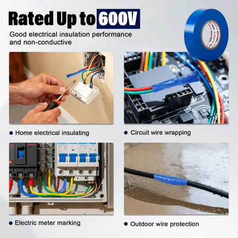 Pro Grade Blue Electrical Tape Waterproof For Insulation And Color Coding Ideal For Home And Industrial Electrical Repairs Up To Six Hundred Volts Three Quarters Inch Wide Sixty Feet Long Per Roll Two Rolls shown in various applications.