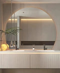 Modern Floating Double Sink Bathroom Vanity 92 Inch Wide With Oak Wood Cabinet And Ceramic Sinks Smart Anti Fog Mirror And Faucet Set Straight Fire Bathroom Glow Up with round mirror and modern fixtures.