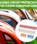 Top Shelf European Classic Car Torpedo Fuse Kit 50 Piece Set With 5A 8A 16A 25A Amps displayed on colorful classic cars.