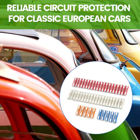 Top Shelf European Classic Car Torpedo Fuse Kit 50 Piece Set With 5A 8A 16A 25A Amps displayed on colorful classic cars.