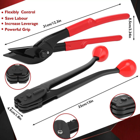 Pro Grade 1/2 Inch Steel Strapping Kit 200 Feet Roll With 1100 Lb Break Strength Tensioner Crimper Cutter and 100 Metal Seals with tool features.