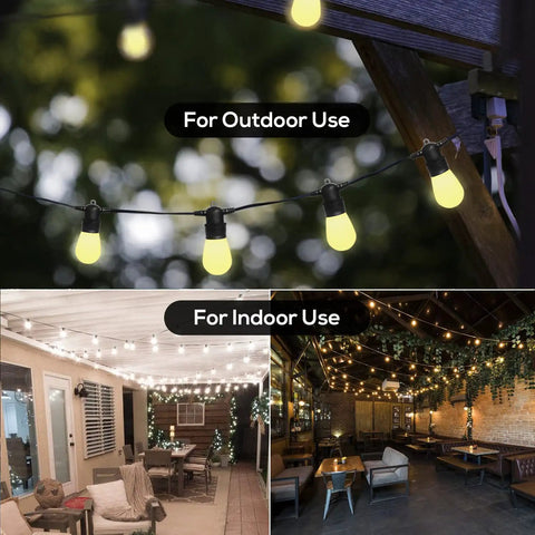 Smart Outdoor String Lights 48 Feet With 16 Shatterproof LED Bulbs illuminating patio, porch, and deck areas, weather resistant use