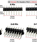 138 Piece 2.54mm Pin Header Kit With Male And Female Connectors, showing single and double row female headers in 6, 8, and 10-pin variants.