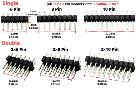 138 Piece 2.54mm Pin Header Kit With Male And Female Connectors, showing single and double row female headers in 6, 8, and 10-pin variants.