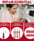 Woman using 39 Piece Home Tool Set With Hammer, Screwdrivers, Pliers, Wrench, Hex Keys, Tape Measure, Utility Knife And More In Compact Storage Case for fixing a washing machine.
