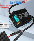 400W Boost MPPT Solar Charge Controller with LCD Display, wiring instructions, connected to solar panel and battery, dimensions shown