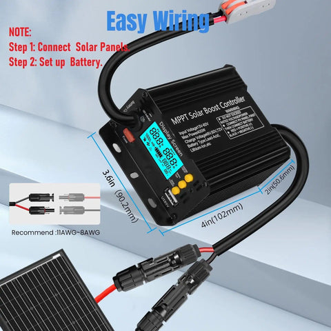 400W Boost MPPT Solar Charge Controller with LCD Display, wiring instructions, connected to solar panel and battery, dimensions shown