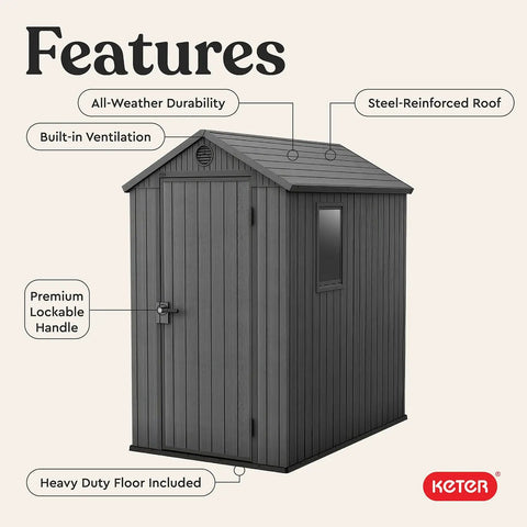 Lockable Resin Outdoor Storage Shed Graphite Gray Four By Six Feet Weather Resistant Patio Garden Tool Organizer Grand Slam Of High Capacity Backyard Gear Stash And Decked Out Storage Corner