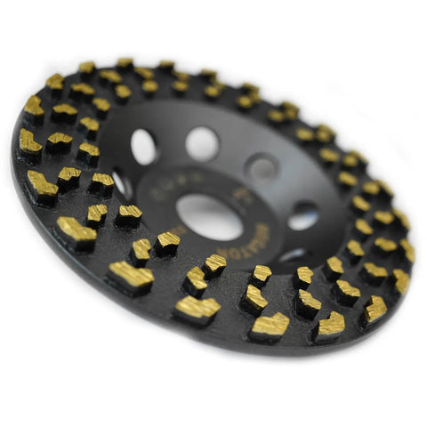 Close-up of 5 Inch Diamond Cup Grinding Wheel For Concrete And Coatings Removal, Tackling Paint, Epoxy, Glue, And Mastic With CDB Cluster Diamond Brazing Technology