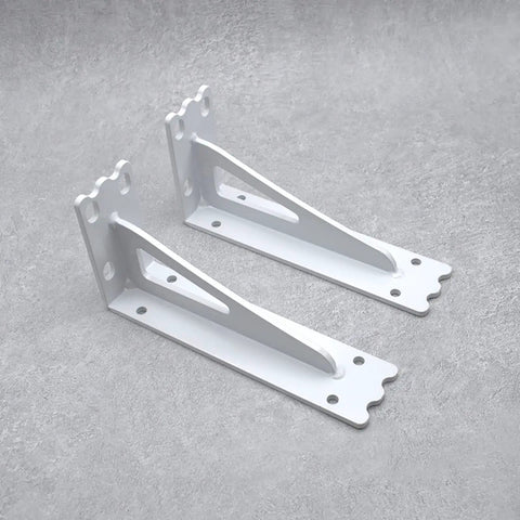 Rock Solid Heavy Duty Floating Shelf Brackets Set Two Pieces Industrial Wall Mounted L Braces Built Tough Thickened Steel White brackets with cutouts.