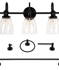 Matte Black Farmhouse Vanity Light And 4 Piece Bathroom Hardware Set With Three Light Fixtures Over Mirror Towel Bar Towel Ring Robe Hook And Toilet Paper Holder For A Bright Modern Bath
