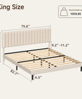Super Soft King Velvet Bed Frame With Channel Tufted Headboard In Classic Beige with dimensions displayed for modern bedroom setup.