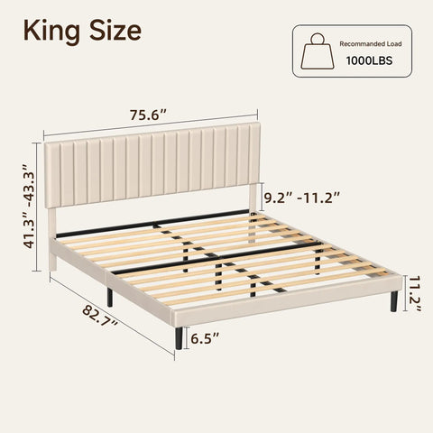 Super Soft King Velvet Bed Frame With Channel Tufted Headboard In Classic Beige with dimensions displayed for modern bedroom setup.