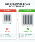 Comparison of 4 inch and 6 inch square shower drain sizes with labels for perfect fit and too big, showing drain styles.