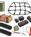 Dope Realistic RC Crawler Accessory Kit For 1/24 And 1/18 Scale Rigs with luggage net, recovery boards, fuel tanks, shovel.