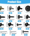 Grab And Go 160 Piece Metal Car Clip And Screw Kit For Body Panels product size chart showing 14 screw sizes and quantities.