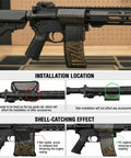 Quick Disassembly Brass Catcher With Install Base For AR Rifles Durable And High Temperature Resistant Easy No Fuss Mounting To Magazine Well Keeps Brass Safe Clean And Unobstructed Scope And Rail Access shown on AR rifle.