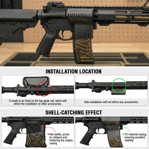 Quick Disassembly Brass Catcher With Install Base For AR Rifles Durable And High Temperature Resistant Easy No Fuss Mounting To Magazine Well Keeps Brass Safe Clean And Unobstructed Scope And Rail Access shown on AR rifle.