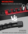 Comparison of Deadset Reliable Magnetic Socket Organizer Slick Push Button Sliding Rail and an ABS plastic rack, showing sturdy aluminum design.