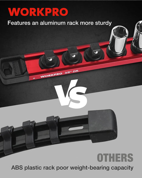 Comparison of Deadset Reliable Magnetic Socket Organizer Slick Push Button Sliding Rail and an ABS plastic rack, showing sturdy aluminum design.