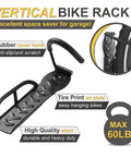 Close-up of 4 Pack Wall Mounted Bike Hooks Heavy Duty Vertical Hangers showing rubber cover hook and tire print, 60lb capacity.