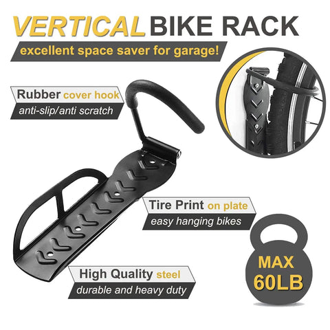 Close-up of 4 Pack Wall Mounted Bike Hooks Heavy Duty Vertical Hangers showing rubber cover hook and tire print, 60lb capacity.