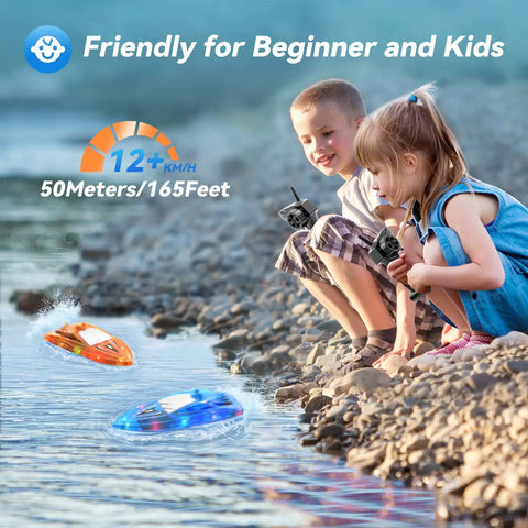 Children playing with a Kid Friendly RC Boat For Pool And Lakes Totally Fun Waterproof Remote Control Boat on the shore.