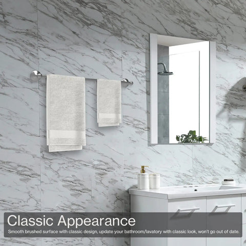 Bathroom with Must-Have 8-Piece Bathroom Hardware Set In Brushed Nickel, featuring 14/24 inch towel bar holding white towels.