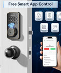 Keyless Entry Door Lock With Handle Set And WiFi App Control Fingerprint Scanner Electronic Keypad Deadbolt With One Time Code Auto Locking Four Unlocking Methods No Fuss Setup Remote Passcode And Backup Keys Easy To Install Oil Rubbed Bronze Finish in use with smartphone app.