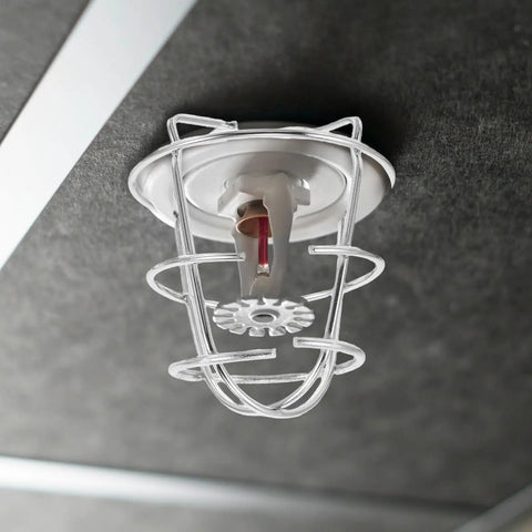 Set Of Four Stainless Steel Fire Sprinkler Cage Guards For Half Inch Heads Heavy Duty Anti Collision Shields installed on ceiling