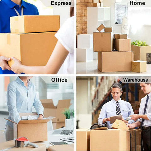 Express, home, office, and warehouse scenes of Six Pack Clear Packing Tape With Dispenser 2.7 Mil Thick 1.88 Inch Wide 55 Yard Rolls