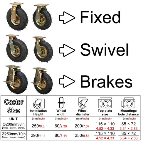 Pro Grade Heavy Duty Industrial Casters With Thick Pneumatic Rubber Tires Available In 8 Inch Or 10 Inch Swivel Brake Caster Pack for fixed, swivel, and brake types
