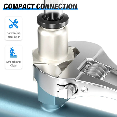 Close-up of Straight Push To Connect Pneumatic Fittings 1/4 Inch Tube OD to 1/4 Inch Female NPT during installation with wrench.