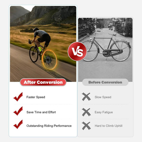 Comparison of a bike with Upgrade Your Ride With A Dope 48V 1000W Rear Hub Motor Electric Bike Conversion Kit versus a traditional bike.