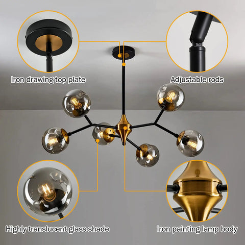 Six Light Glass Globe Chandelier With Adjustable Boom, Modern Semi Flush Mount Ceiling Light Fixture in gold and black, close-up.