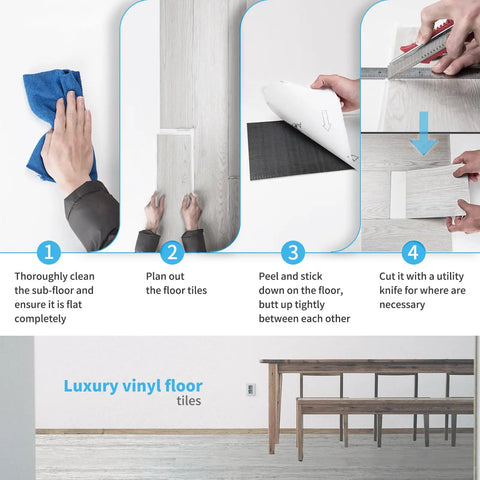 Installation steps for Peel And Stick Vinyl Wood Plank Flooring In Grey Ash 12 Pack Covers 18 Sq Ft Rigid Core Waterproof Self Adhesive Flooring.