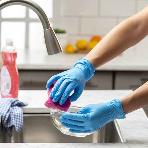 Person using Blue Disposable Vinyl Gloves 100 Count Powder Free And Latex Free Comfy Flexible Fit For Cleaning Food Prep And Household Tasks Non Sterile Durable Synthetic Vinyl while washing dishes in a kitchen.