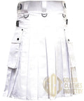 Badass Men's Utility Kilt Tailored From Heavy 16 Oz Premium Cotton With Four Genuine Leather Straps Deep Cargo Pockets And Sharp Front Pleats In Clean White, featuring deep pockets and sharp pleats.