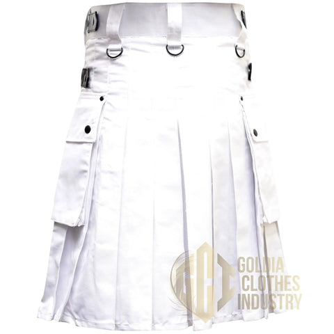 Badass Men's Utility Kilt Tailored From Heavy 16 Oz Premium Cotton With Four Genuine Leather Straps Deep Cargo Pockets And Sharp Front Pleats In Clean White, featuring deep pockets and sharp pleats.