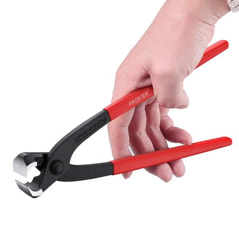 Hand holding a red-handled crimper tool from the Stepless Single-Ear Hose Clamp Pliers Kit With 304 Stainless Steel Pipe Clamps 200 Pcs 5.8-21mm Range.