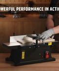 Six Inch Benchtop Jointer With 15 Amp Motor And 12000 Rpm For Slick Cuts Adjustable Fence Up To One Eighth Inch Depth Hss Blades in use.