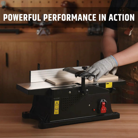Six Inch Benchtop Jointer With 15 Amp Motor And 12000 Rpm For Slick Cuts Adjustable Fence Up To One Eighth Inch Depth Hss Blades in use.