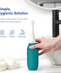 Hand holding XL Butt Shower Portable Bidet With 50 Percent More Water Volume in turquoise, next to sink